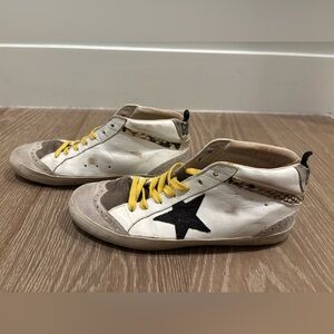 Golden Goose Mid Star White Sneakers with Black Star and Yellow Laces